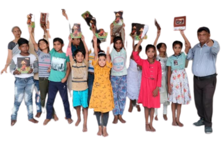 children showing a book